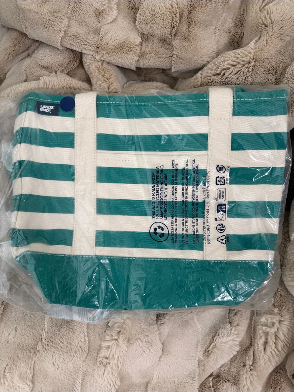 Medium Lands' End Teal and White Striped Canvas Shoulder Tote